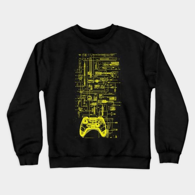 Neon Yellow Video Game Controller Blueprint Crewneck Sweatshirt by Trip Tank